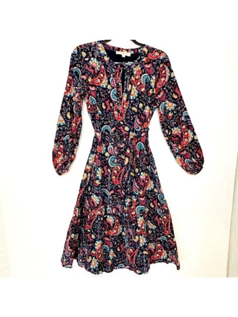 LOFT Shimmer Paisley Tie Neck Midi Dress Medium P